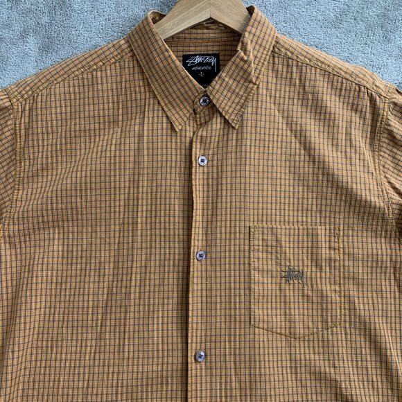 Stussy Shirt Mens Large Button Up Orange Long Sleeve Plaid Check Skater Pocket - Picture 6 of 10